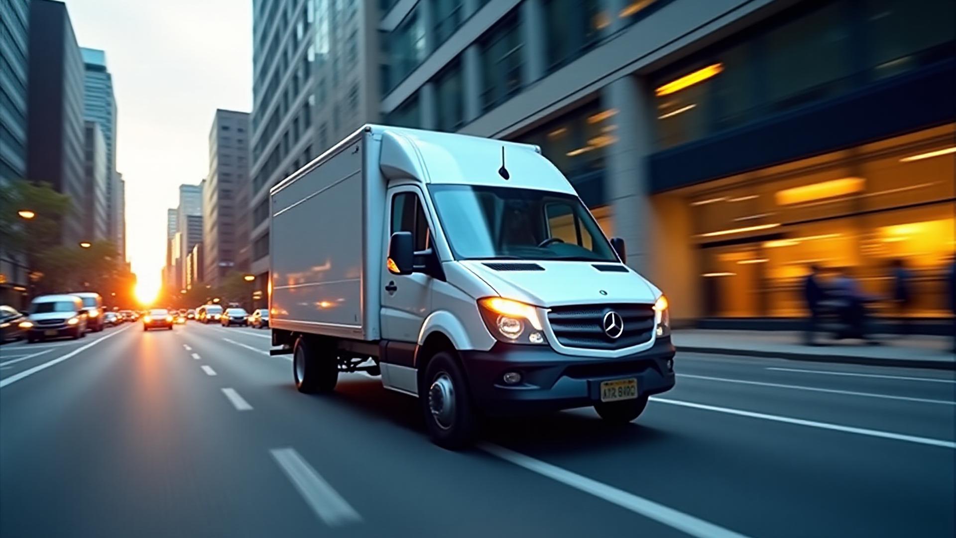 Harris Moving delivery van navigating a busy New York City street during sunset