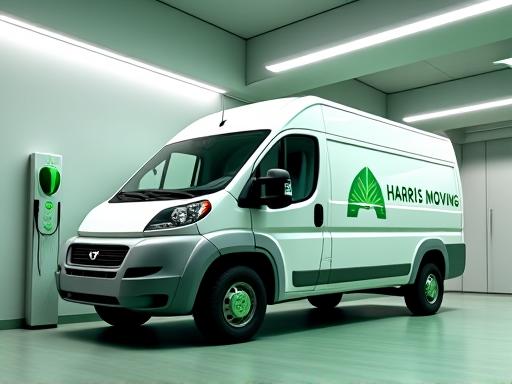 Modern electric delivery van with Harris Moving branding in a clean urban environment