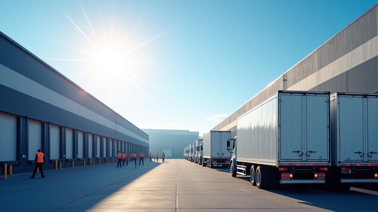 Modern logistics hub with Harris Moving freight trucks prepared for LTL consolidation