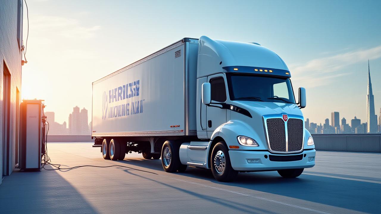 A branded Harris Moving electric freight truck charging at a modern terminal in New York City